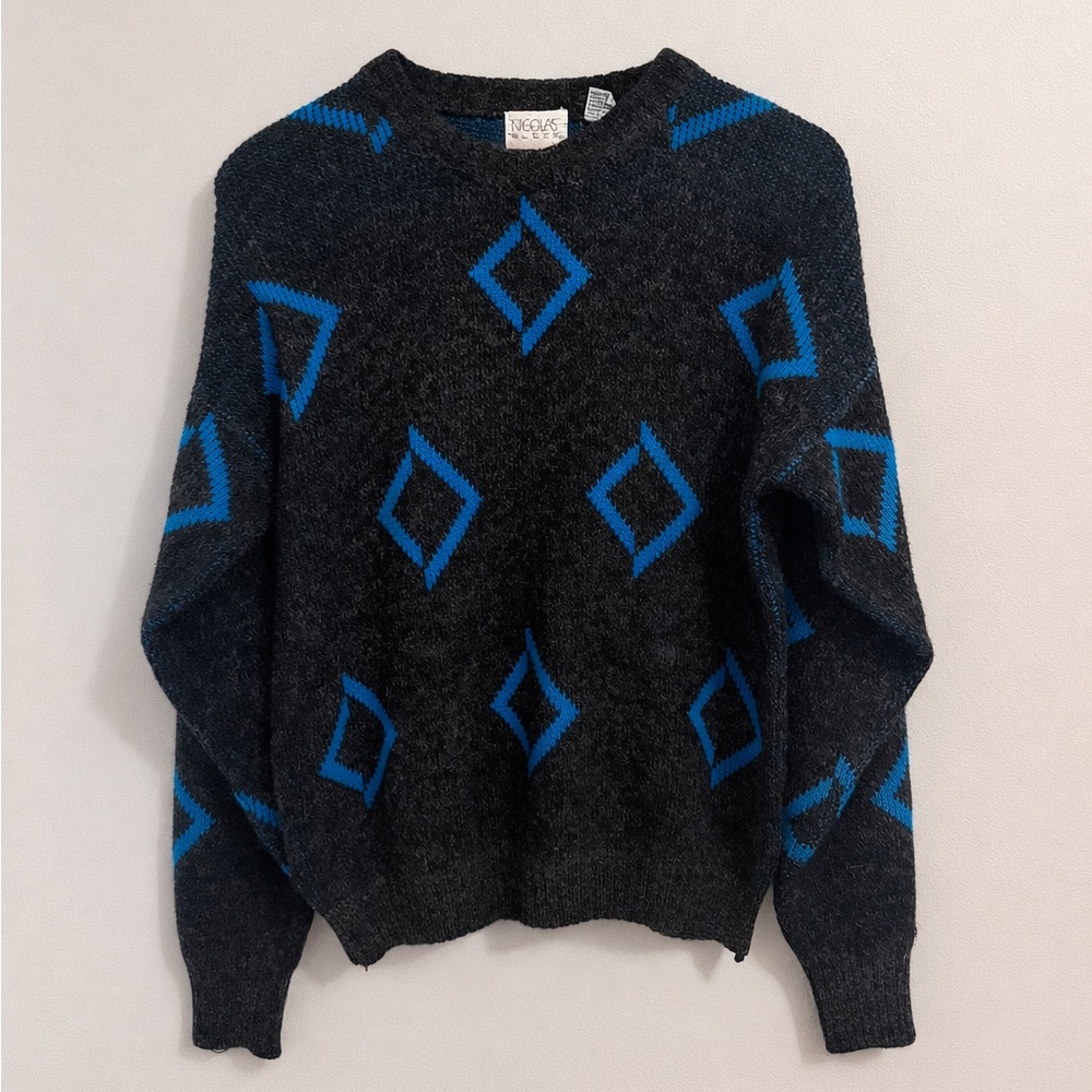 Vintage 90s Nicolas Allen Teal Diamond Knit Sweater Oversized Graphic Pullover M